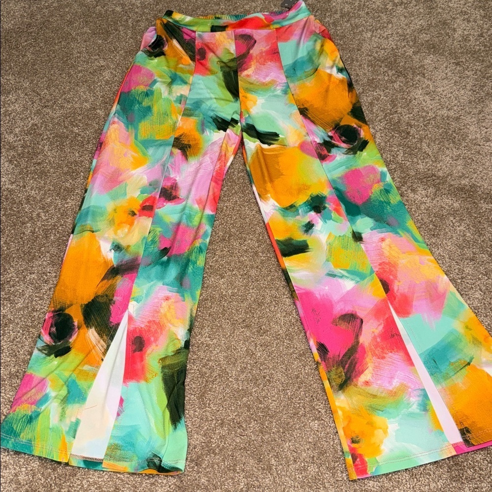 NEW LAST TANGO women's print flare split leg pant in oil painting - XS - NWT. B1